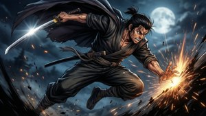 武士戰士在半空中揮劍，火花在月光下飛舞