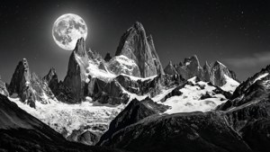 滿月和星空下的雪山。