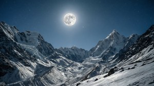 在明亮的滿月和星空下的雪山山脈。