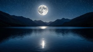 滿月倒映在夜晚平靜的湖面上，周圍環繞著山脈，星空下