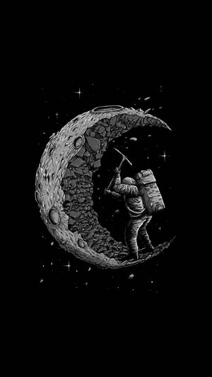 太空人在星空下用鎬開採月球
