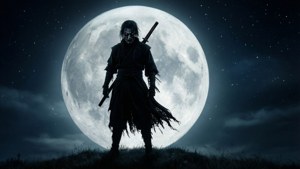 骷髏武士手持劍站在草地上，夜晚滿月下