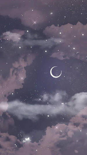 紫色雲朵在彎月和閃爍星星下飄浮於夢幻夜空。 — 月色夜空 壁紙