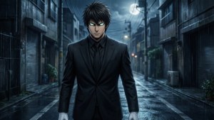 動漫男子穿黑色西裝在雨夜小巷中行走，滿月當空。