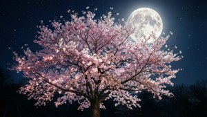 櫻花樹在滿月下閃耀，星空之夜。