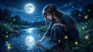身穿傳統長袍的年輕女子觸碰被發光螢火蟲環繞的月光小溪。
