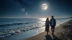 一對情侶在夜晚的月光海灘上漫步，伴隨著海浪和星星。