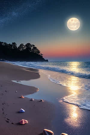 月光下的海灘，溫柔的海浪和散落的貝殼，星空之下。 — 夜晚 GIF 壁紙