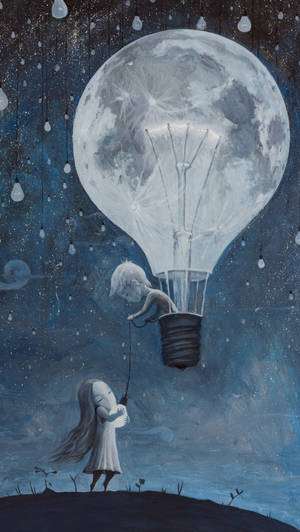 一個孩子抬頭望向漂浮在星空夜空中的燈泡內的一個巨大月亮。 — 星星 壁紙