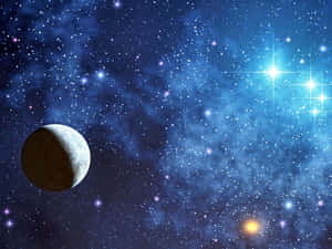一顆行星漂浮在佈滿星星的藍色宇宙中，伴隨著閃爍的星星。