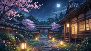 傳統日本庭園夜景，滿月下燈籠閃爍，櫻花飄落。