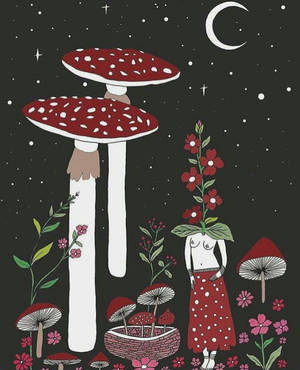 星空下，頭部為花朵的人置身於巨大蘑菇之中。