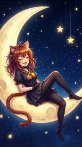 長著貓耳和貓尾的動漫女孩坐在星空下的新月上。