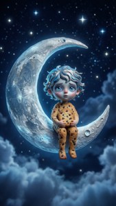 一個穿著餅乾睡衣的孩子坐在星空夜空的彎月上。