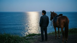 男人和馬站在懸崖上俯瞰月光下的海洋