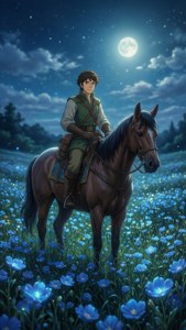 年輕騎士騎馬在發光藍色花田中，滿月星空下