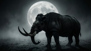 一頭長毛猛獁象在霧氣瀰漫的夜晚場景中站在滿月下。
