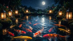 錦鯉在月光池塘中游動，伴有發光燈籠和星空。