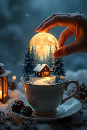 一隻手捧著一輪發光的月亮，下方是茶杯中的小雪屋，周圍環繞著松樹和燈籠。 — 奇幻 壁紙