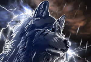 一頭兇猛的狼，眼睛發出藍光，站在雷電交加的暴風雨中。