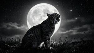 一隻虎斑貓在星空下的田野中對著滿月嚎叫。