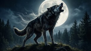 一隻狼人怪物在滿月襯托下呈現剪影，於夜空下嗥叫。 — 怪獸動圖 壁紙