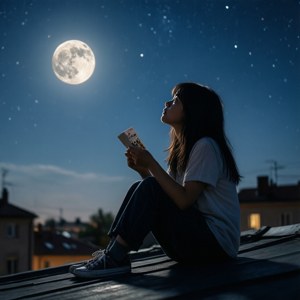 女孩在滿月和星空下的屋頂上讀書