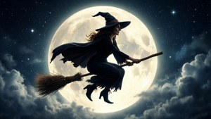 女巫在滿月下騎著掃帚飛翔於繁星夜空 — 女巫風格 壁紙