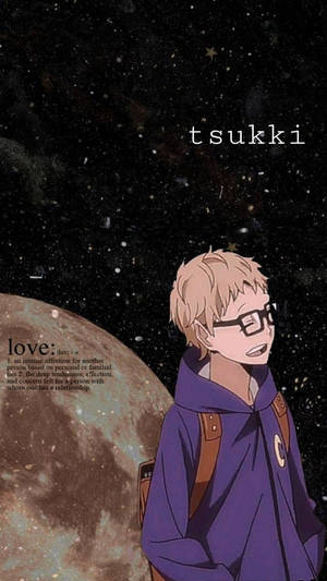 戴眼鏡的動漫男孩，紫色連帽衫，背景是星空、月亮和文字。 — 愛就是愛 壁紙