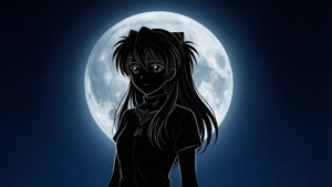 動漫女孩剪影在深藍色夜空中對著發光的滿月
