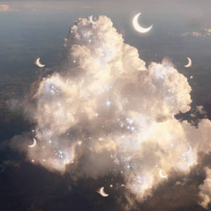 充滿星星和新月的發光雲層漂浮在風景之上。 — 唯美雲朵動態 壁紙