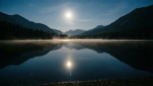 月光下的湖泊被群山環繞，水面上霧氣升騰。 — 龍騰世紀：審判 壁紙