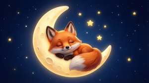 在星空下，一隻睡著的狐狸蜷縮在新月上。