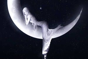 動漫女孩在星空夜空中躺在彎月上，上方有懸掛的星星