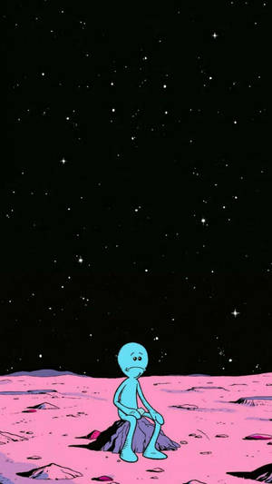 藍色卡通人物獨自坐在粉紅色外星景觀上，背景是星空。 — 唯美月亮動圖 壁紙