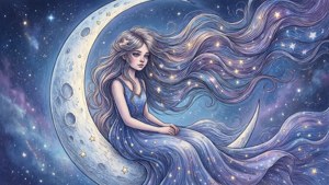 一位擁有星星頭髮的少女，在星空夜晚坐在新月上。