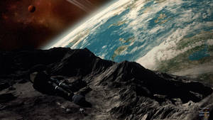 太空人躺在月球表面看著地球和紅色行星