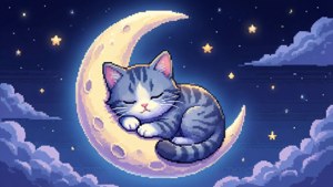 一隻睡著的貓在彎月上休息，周圍環繞著星星和雲朵。