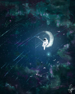 太空人從新月上釣魚，在繁星點點的宇宙海洋中，有發光的流星。