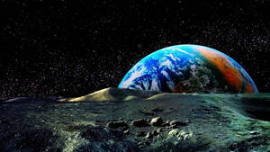 地球在月球表面上升起，背景有星星
