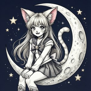 穿著水手服的動漫貓娘坐在新月上，周圍有星星