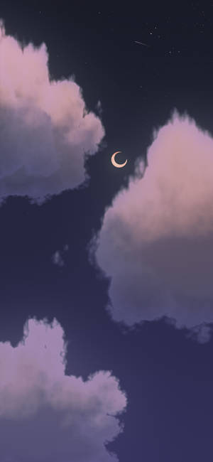 新月在柔和的紫色和粉紅色雲朵之間，星空夜空下。