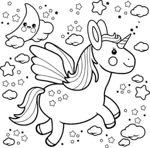 一隻有翼獨角獸在星空下奔跑，伴隨著微笑的月亮和雲朵。