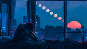 夜晚坐在窗邊觀看城市上空月亮和紅太陽的人 — 悲傷女孩 壁紙