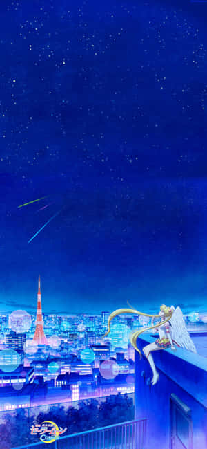 有翼的動漫女孩在屋頂上凝視著滿天星斗和流星劃過的夜空下的東京天際線。