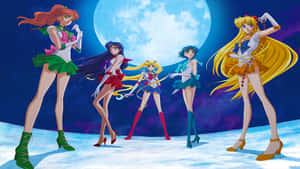 五位身穿水手服的動畫女主角在雪地上的巨大月亮下擺姿勢。