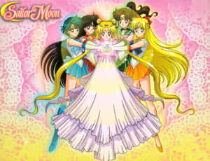 美少女戰士和她的朋友們以發光的雙手擺出魔法姿勢。