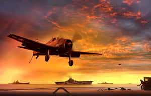 復古軍用飛機在日落時從航空母艦起飛