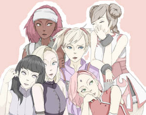 六個動漫女孩，擁有不同的髮型和服裝，一起擺姿勢。