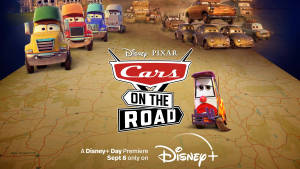 迪士尼彼思《Cars on the Road》宣傳海報，地圖上有動畫車輛。 — 動漫車 壁紙